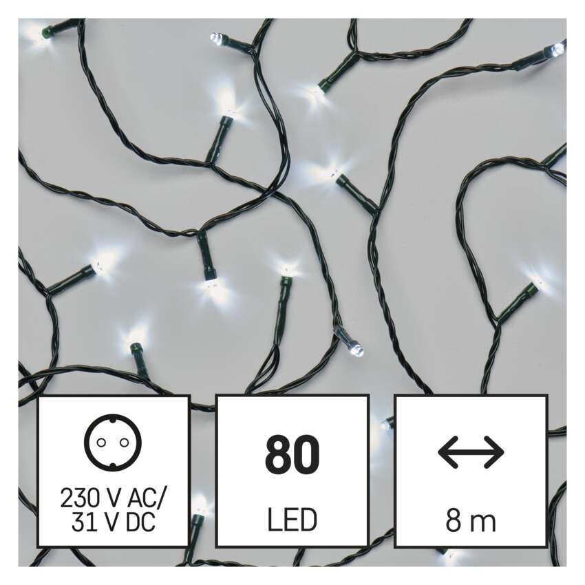 LED božična veriga, 8 m, zunanja in notranja, hladna bela, časovnik