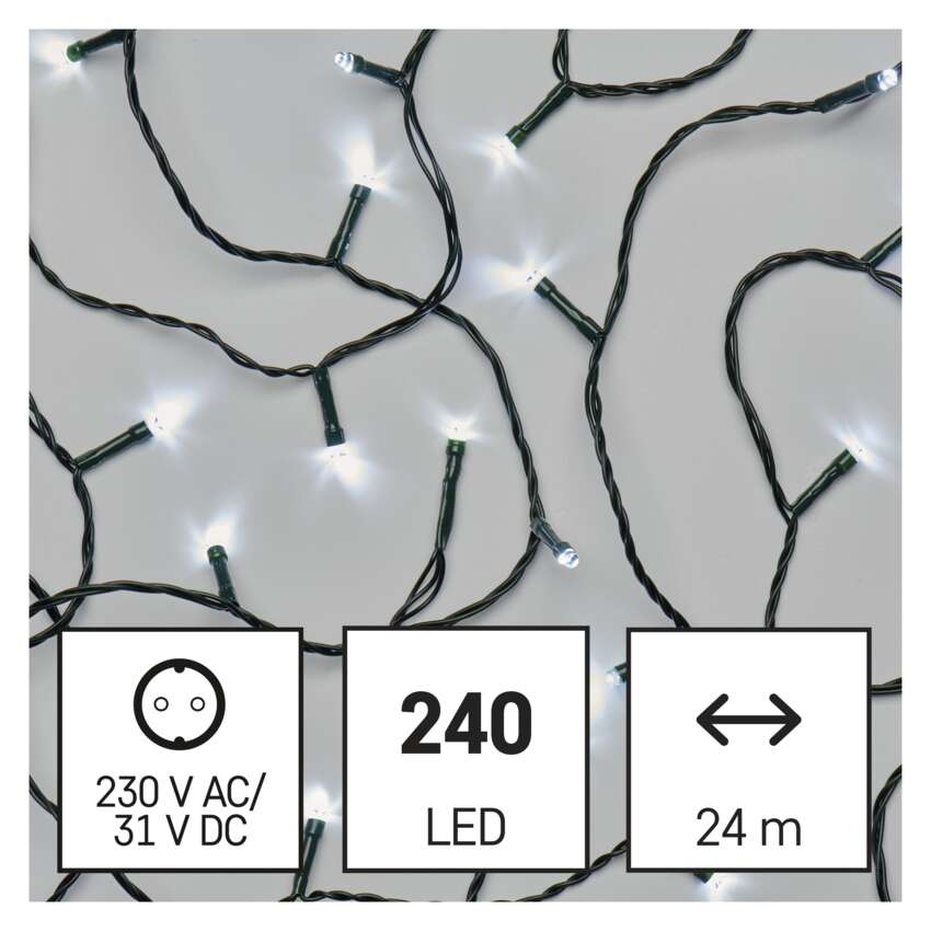 LED božična veriga, 24 m, zunanja in notranja, hladna bela, časovnik