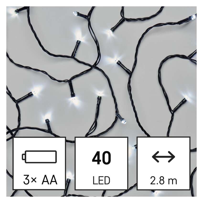 LED božična veriga, 2,8 m, 3x AA, zunanja in notranja, hladna bela, časovnik