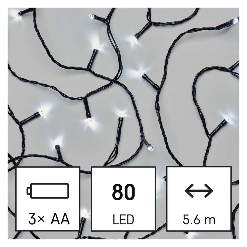 LED božična veriga, 5,6 m, 3x AA, zunanja in notranja, hladna bela, časovnik