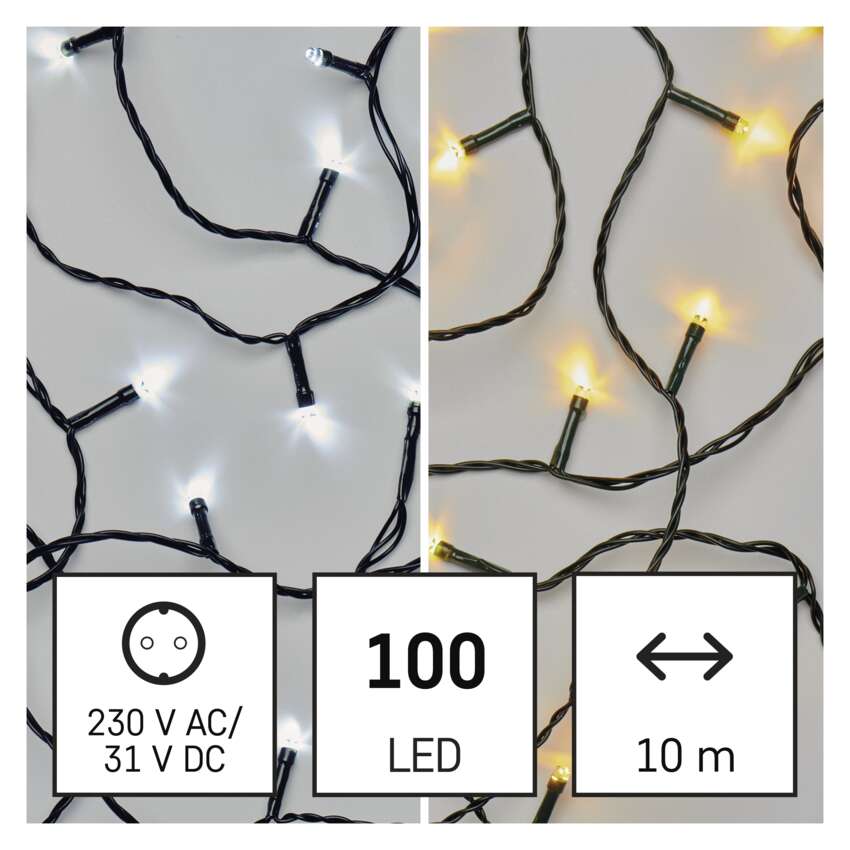 LED božična veriga 2v1, 10 m, zunanja in notranja, topla/hladna bela, programi
