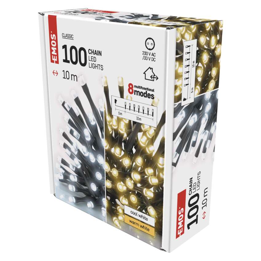 LED božična veriga 2v1, 10 m, zunanja in notranja, topla/hladna bela, programi