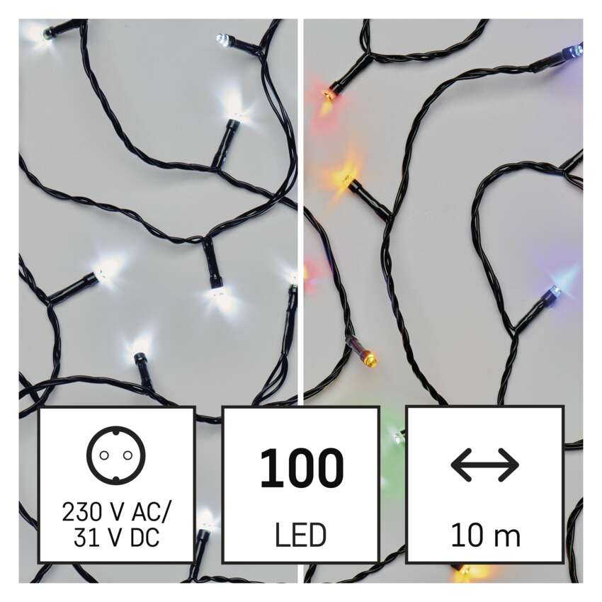 LED božična veriga 2v1, 10 m, zunanja in notranja, hladna bela/večbarvna, programi