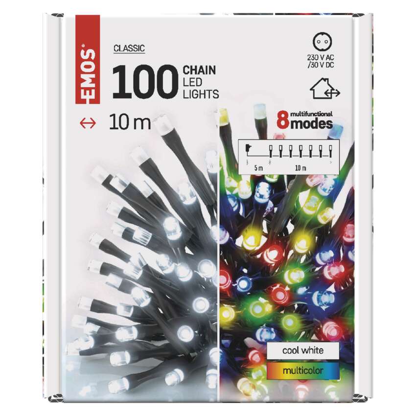 LED božična veriga 2v1, 10 m, zunanja in notranja, hladna bela/večbarvna, programi