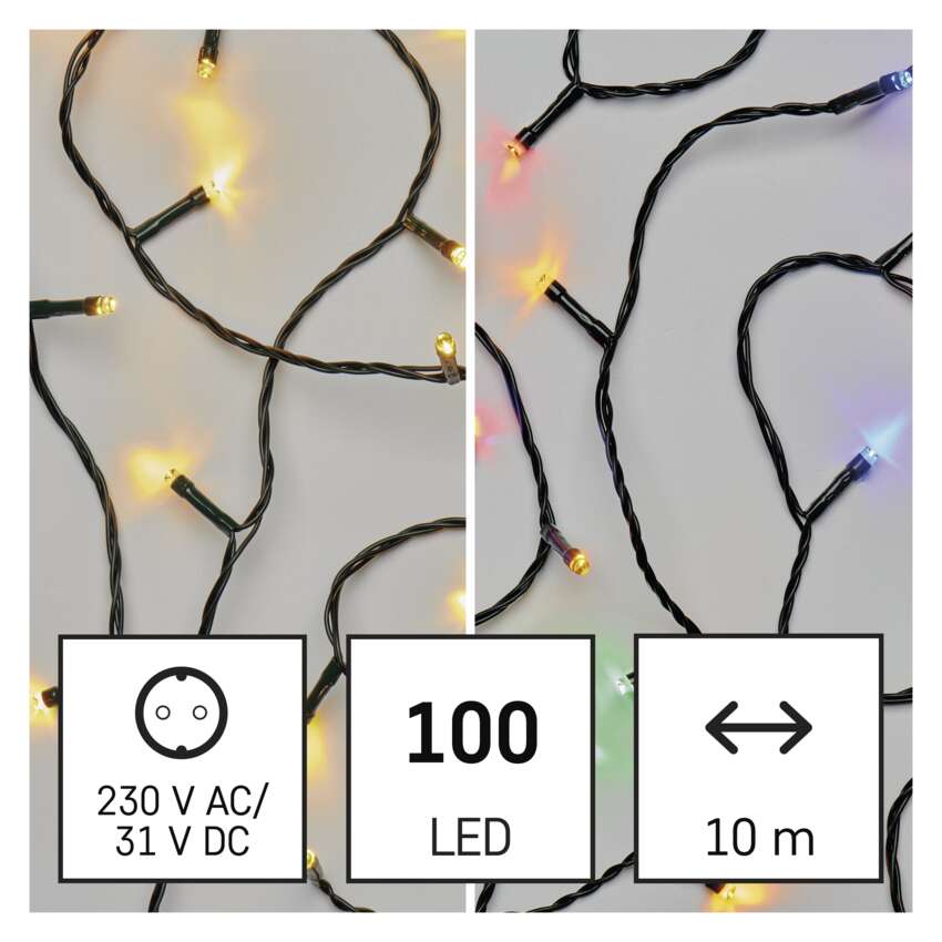 LED božična veriga 2v1, 10 m, zunanja in notranja, topla bela/večbarvna, programi