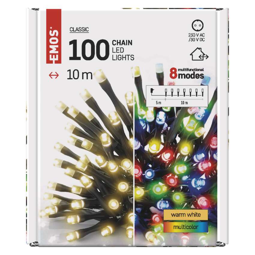 LED božična veriga 2v1, 10 m, zunanja in notranja, topla bela/večbarvna, programi