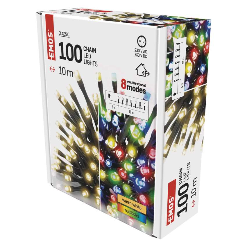 LED božična veriga 2v1, 10 m, zunanja in notranja, topla bela/večbarvna, programi