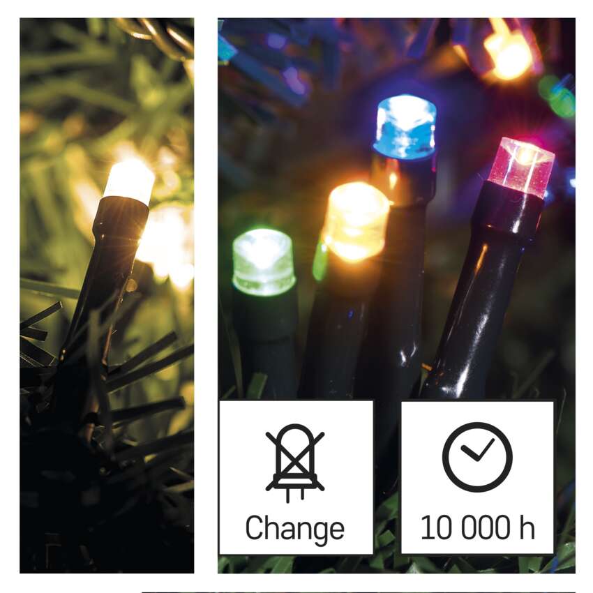 LED božična veriga 2v1, 10 m, zunanja in notranja, topla bela/večbarvna, programi