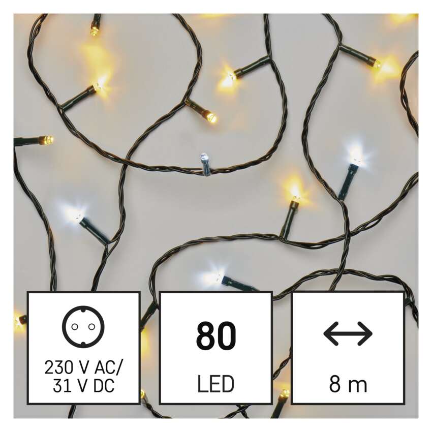 LED božična veriga, 8 m, zunanja in notranja, topla/hladna bela, časovnik