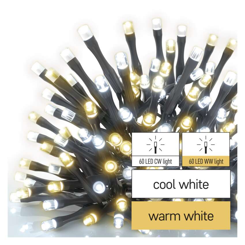 LED božična veriga, 12 m, zunanja in notranja, topla/hladna bela, časovnik