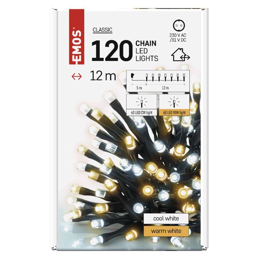 LED božična veriga, 12 m, zunanja in notranja, topla/hladna bela, časovnik