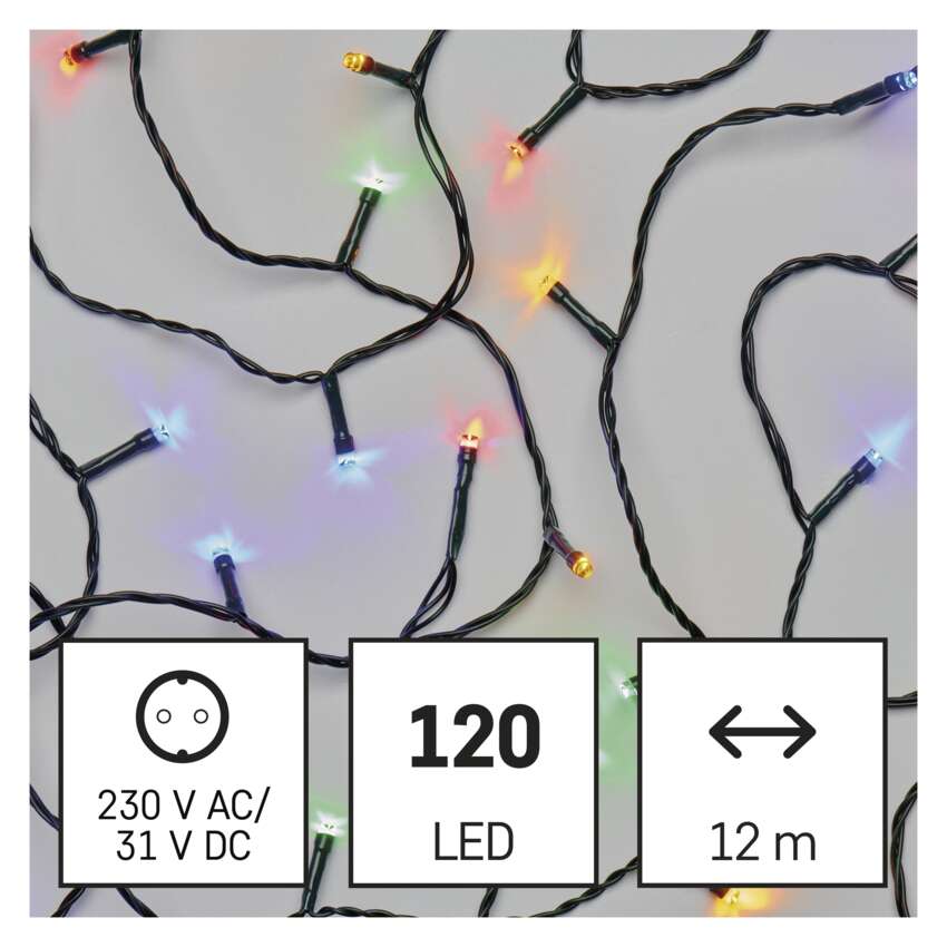 LED božična veriga, 12 m, zunanja in notranja, večbarvna, časovnik