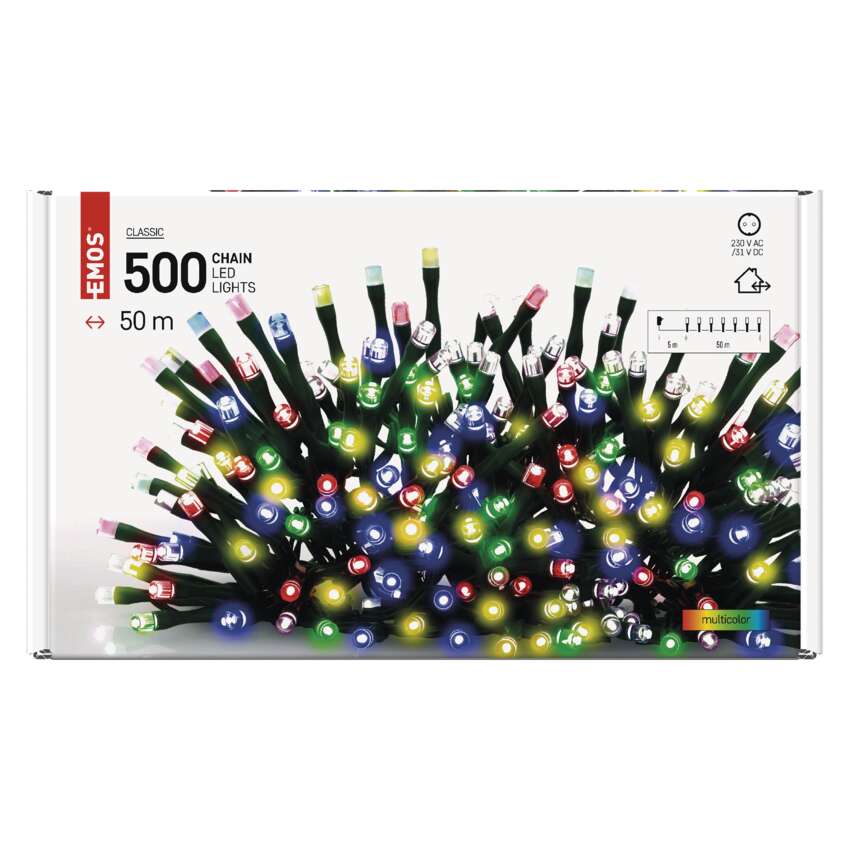 LED božična veriga, 50 m, zunanja in notranja, večbarvna, časovnik