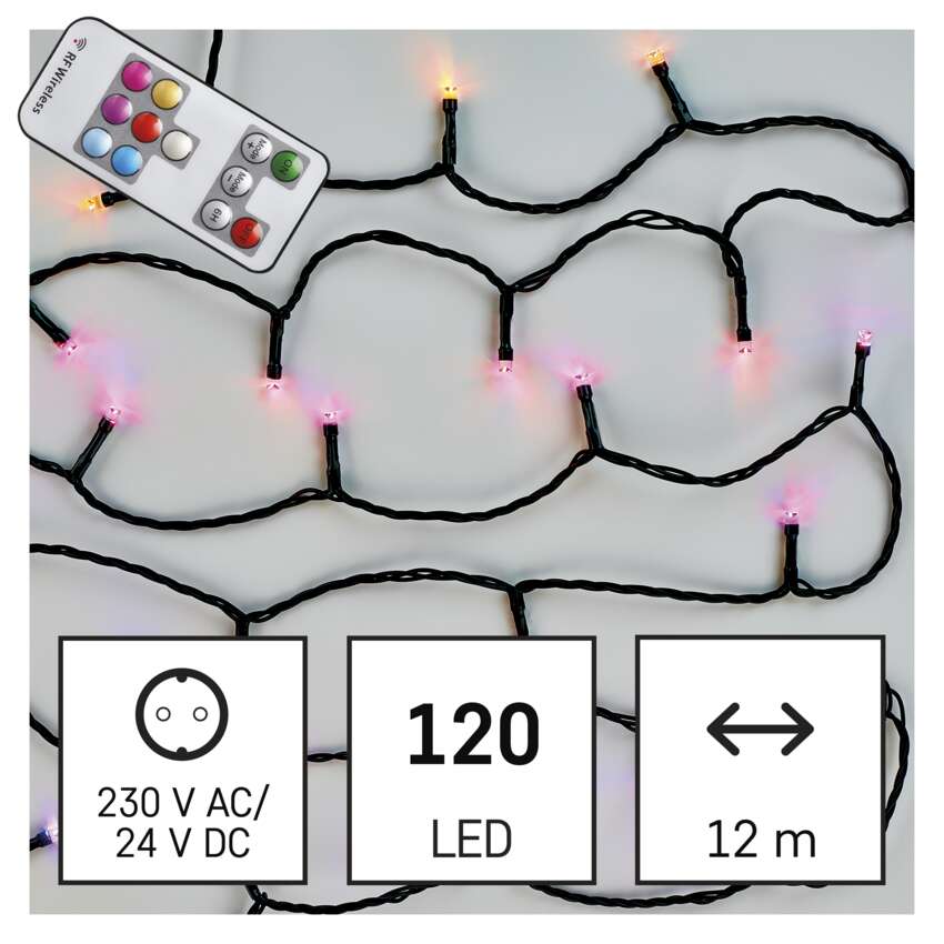 LED božična veriga, 12 m, zunanja in notranja, RGB, upravljalnik, programi, časovnik