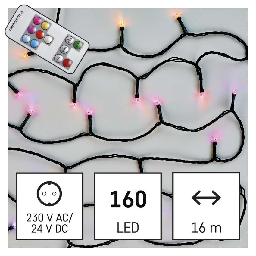 LED božična veriga, 16 m, zunanja in notranja, RGB, upravljalnik, programi, časovnik