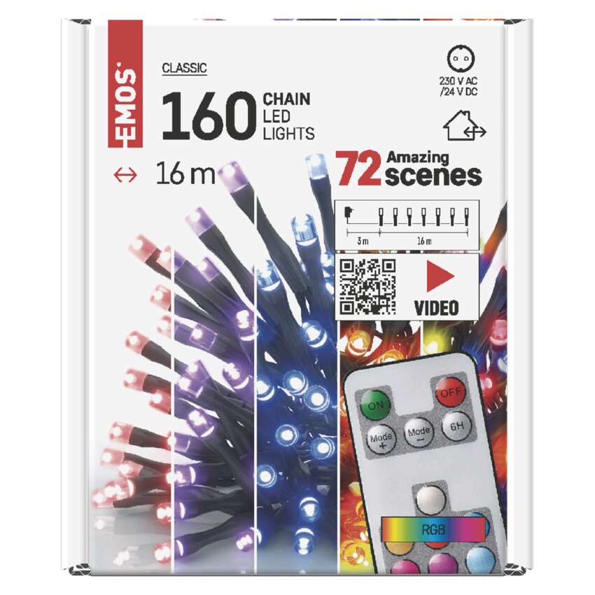 LED božična veriga, 16 m, zunanja in notranja, RGB, upravljalnik, programi, časovnik