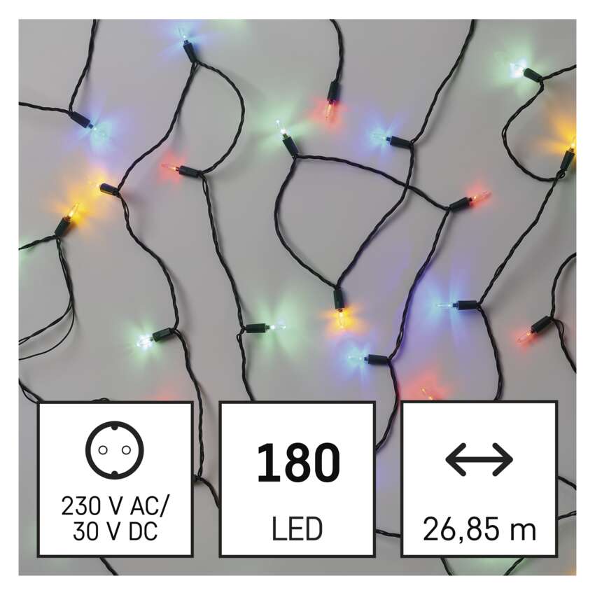 LED božična veriga – tradicionalna, 26,85 m, zunanja in notranja, večbarvna