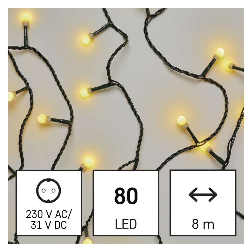 LED božična cherry veriga – kroglice, 8 m, zunanja in notranja, topla bela, časovnik