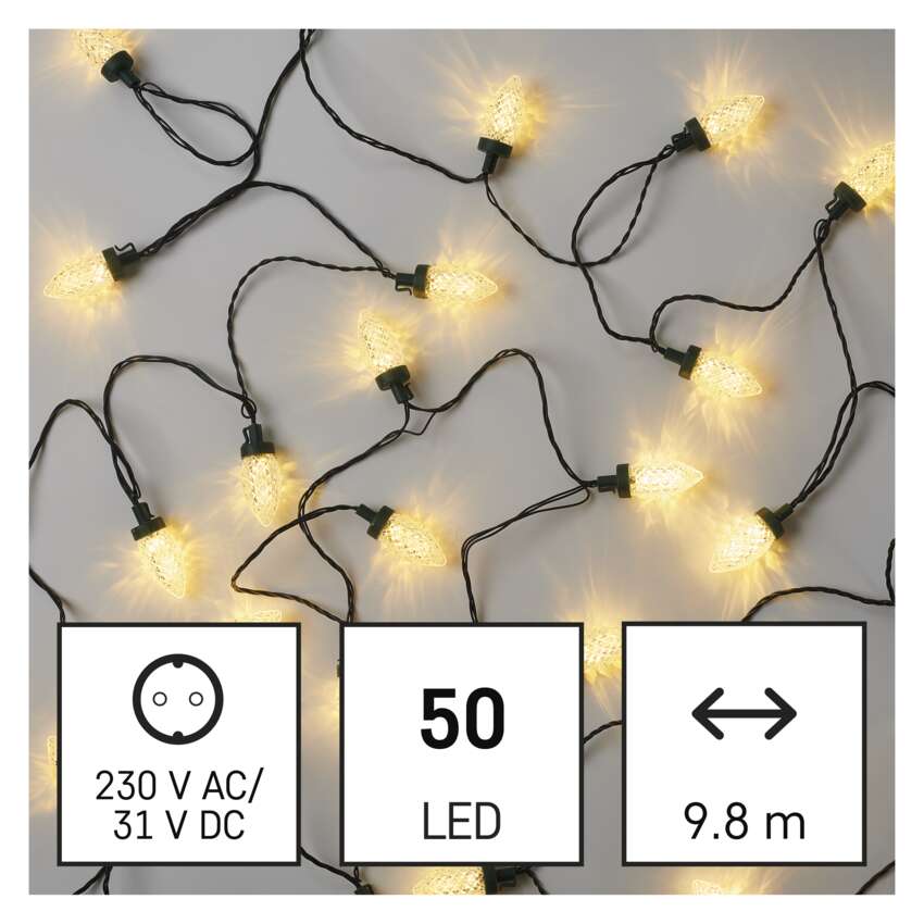 LED božična veriga – storžki, 9,8 m, zunanja in notranja, topla bela, programi