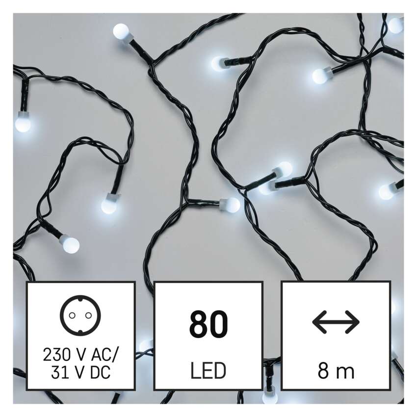 LED božična cherry veriga – kroglice, 8 m, zunanja in notranja, hladna bela, časovnik