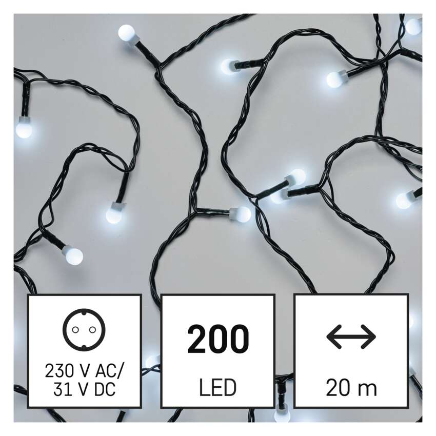 LED božična cherry veriga – kroglice, 20 m, zunanja in notranja, hladna bela, časovnik
