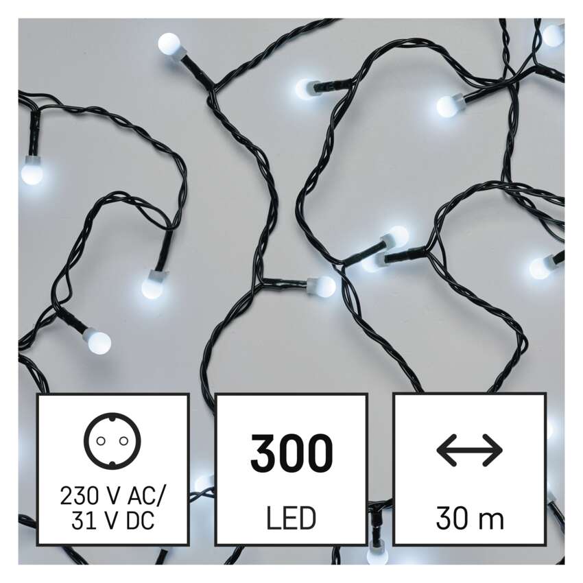 LED božična cherry veriga – kroglice, 30 m, zunanja in notranja, hladna bela, časovnik