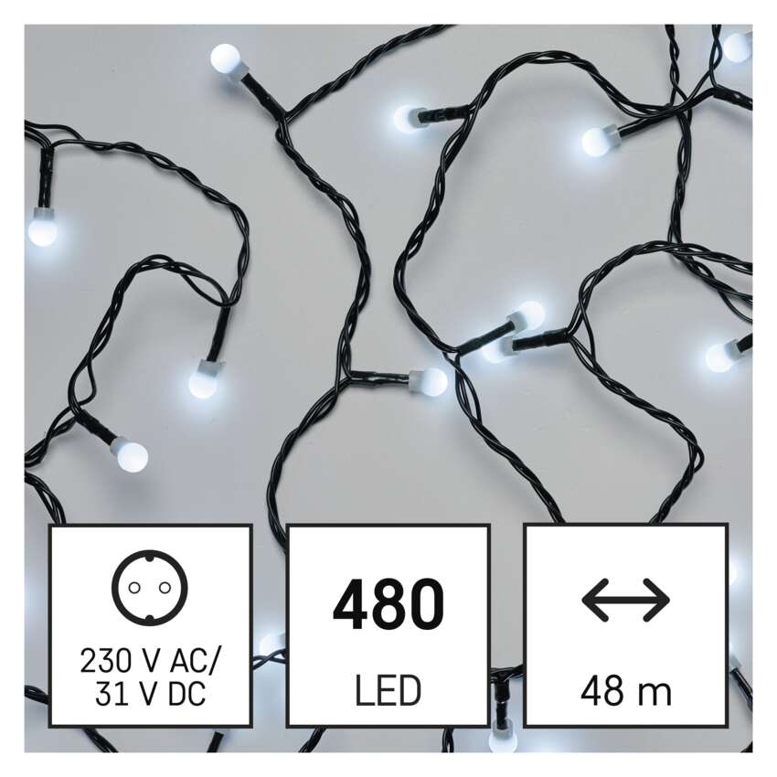 LED božična cherry veriga – kroglice, 48 m, zunanja in notranja, hladna bela, časovnik