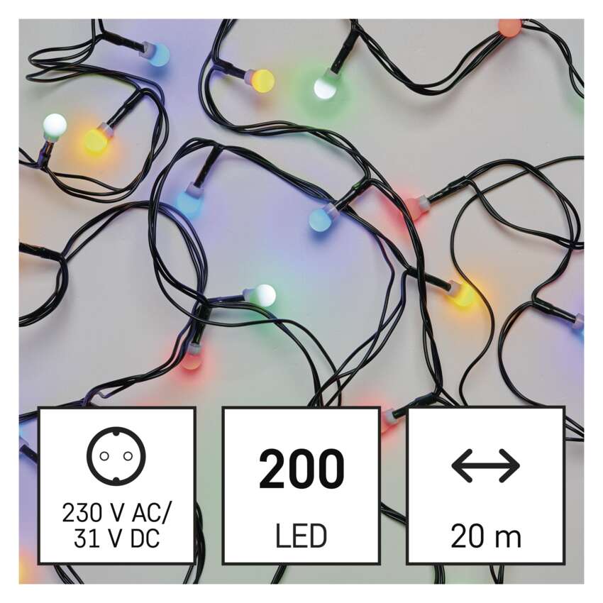 LED božična cherry veriga – kroglice, 20 m, zunanja in notranja, večbarvna, časovnik