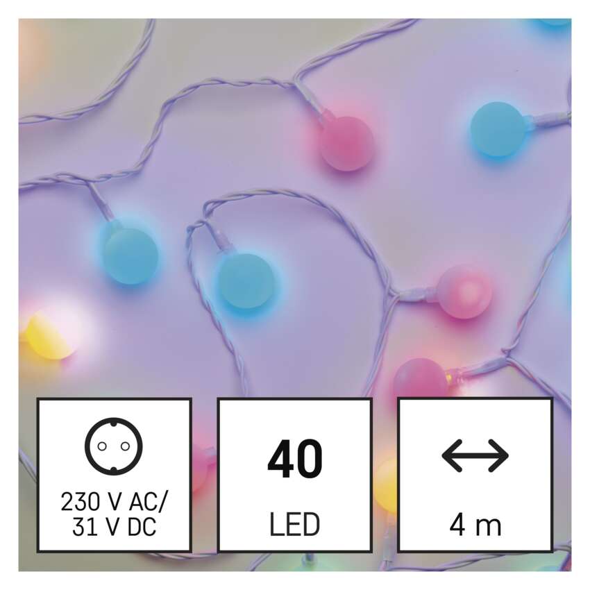 LED svetlobna cherry veriga – kroglice 2,5 cm, 4 m, zun. in notr., večbarvna, časovnik