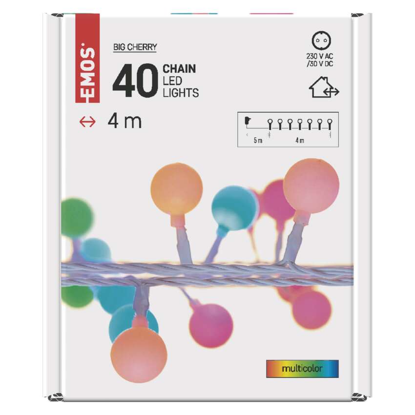 LED svetlobna cherry veriga – kroglice 2,5 cm, 4 m, zun. in notr., večbarvna, časovnik