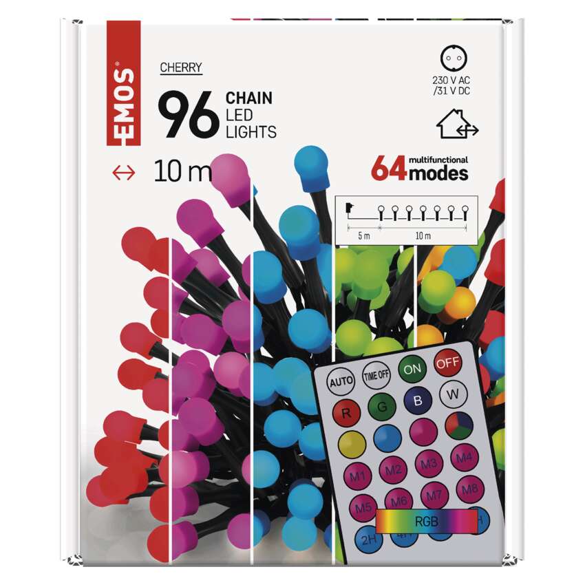LED božična cherry veriga – kroglice, 10 m, RGB, upravljalnik, programi, časovnik