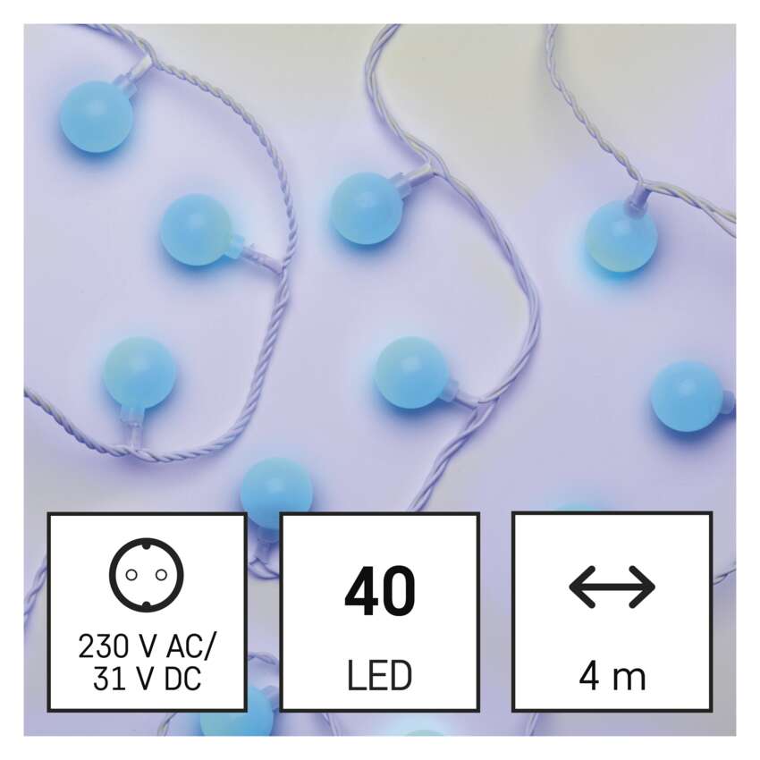 LED svetlobna cherry veriga – kroglice 2,5 cm, 4 m, zunanja in notranja, modra, časovnik
