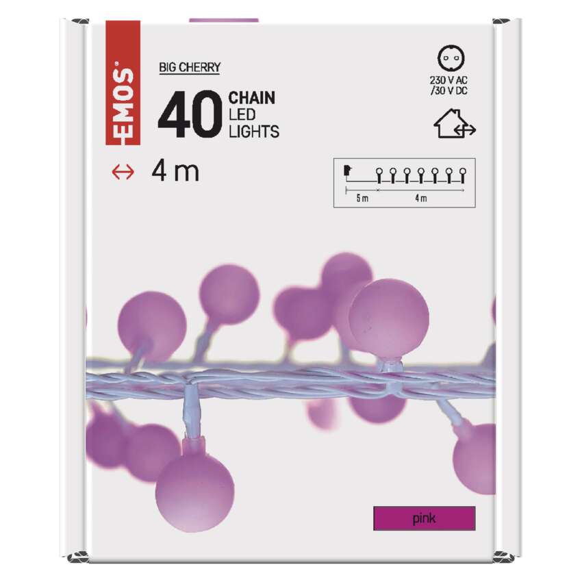LED svetlobna cherry veriga – kroglice 2,5 cm, 4 m, zunanja in notranja, rožnata, časovnik