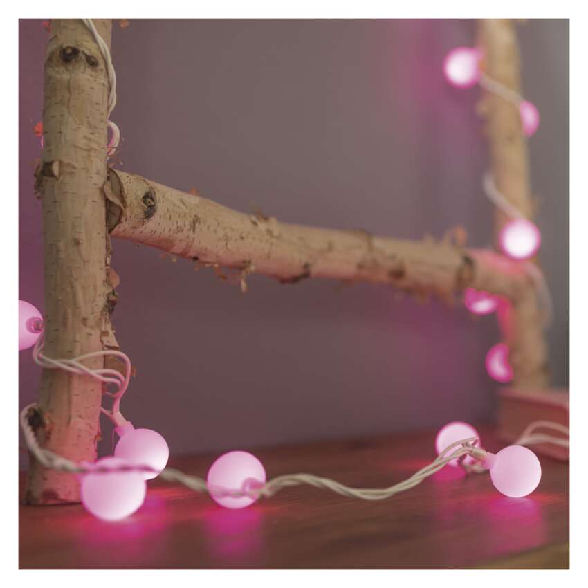LED svetlobna cherry veriga – kroglice 2,5 cm, 4 m, zunanja in notranja, rožnata, časovnik