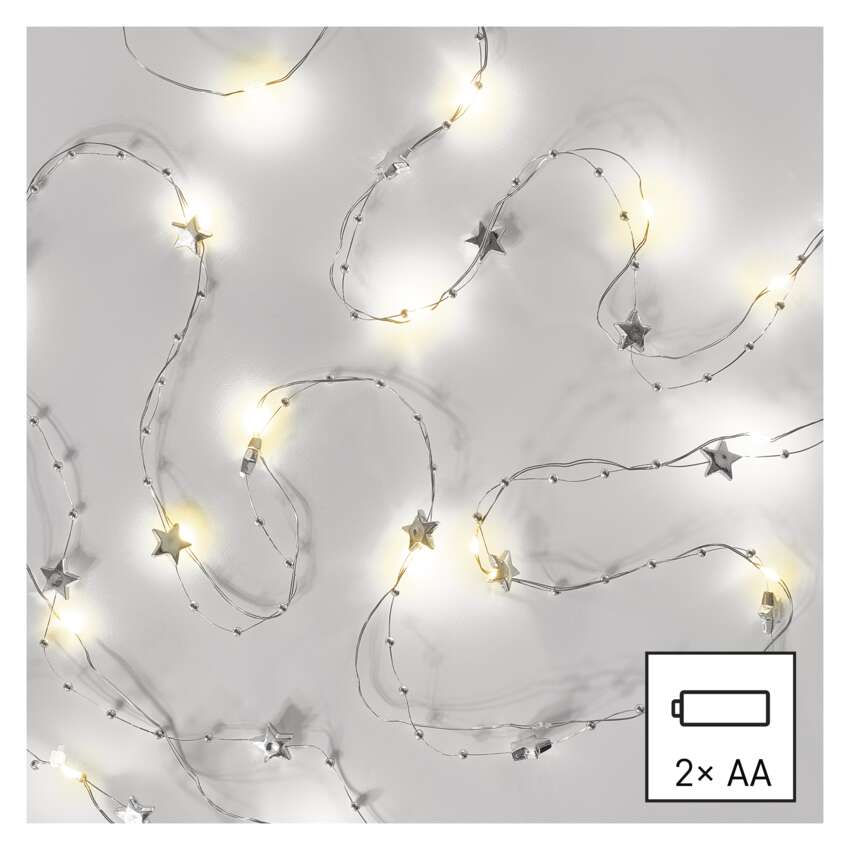 LED božična veriga srebrna – zvezdice, 1,9 m, 2x AA, notranji, topla bela, časovnik