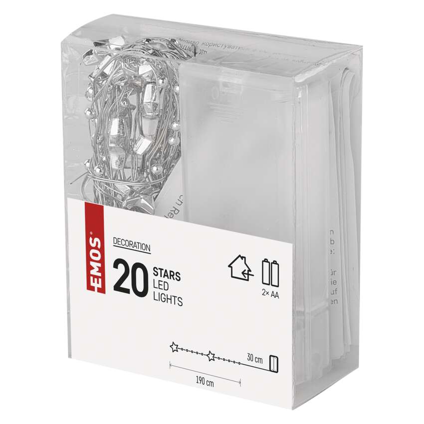 LED božična veriga srebrna – zvezdice, 1,9 m, 2x AA, notranji, topla bela, časovnik