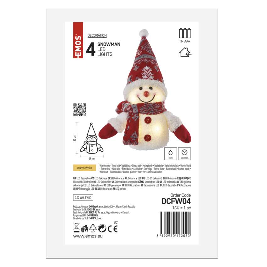 LED božični snežak svetleč, 25 cm, 3x AAA, notranja, topla bela