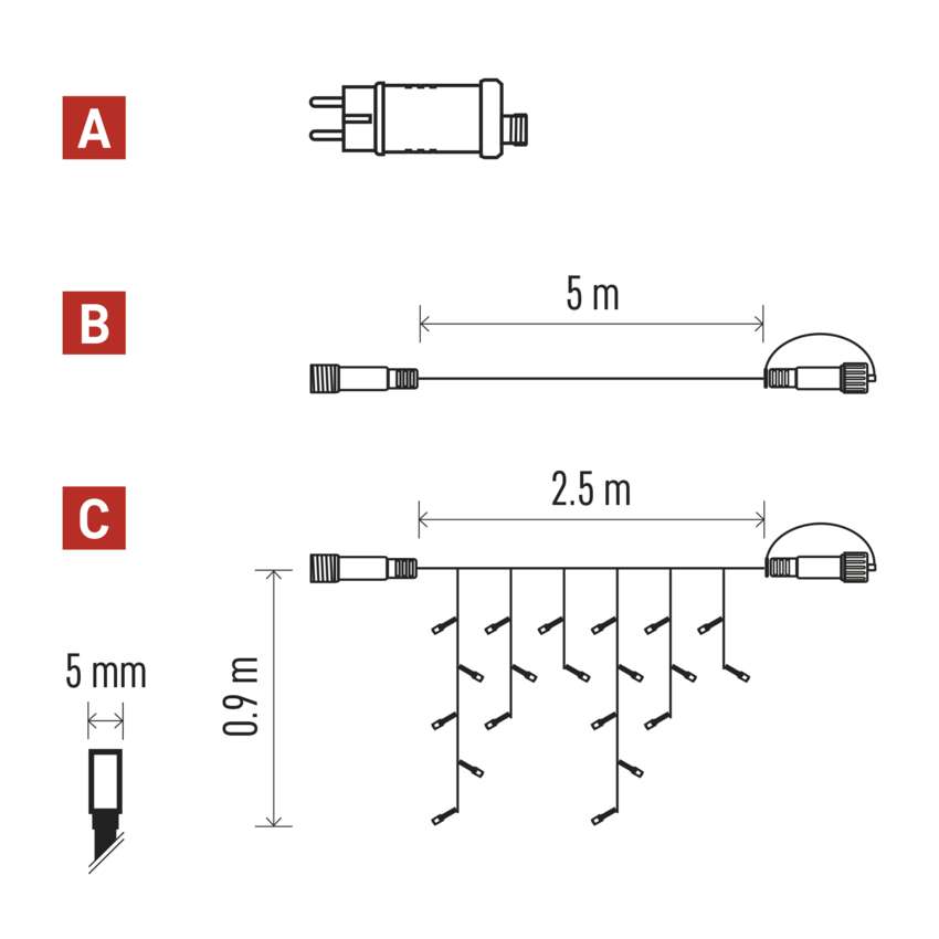 Osnovni set za povezovalni niz Klasik – ledene sveče, 2,5 m, zun., hladna bela, časovnik