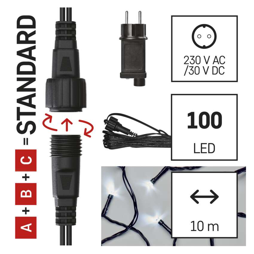 Osnovni komplet za povezovalne verige Standard, 10 m, zunanji, hladna bela, časovnik