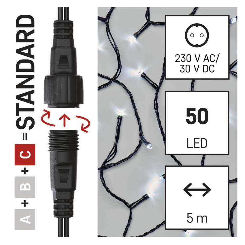 Standard LED povezovalna božična veriga, 5 m, zunanja in notranja, hladna bela