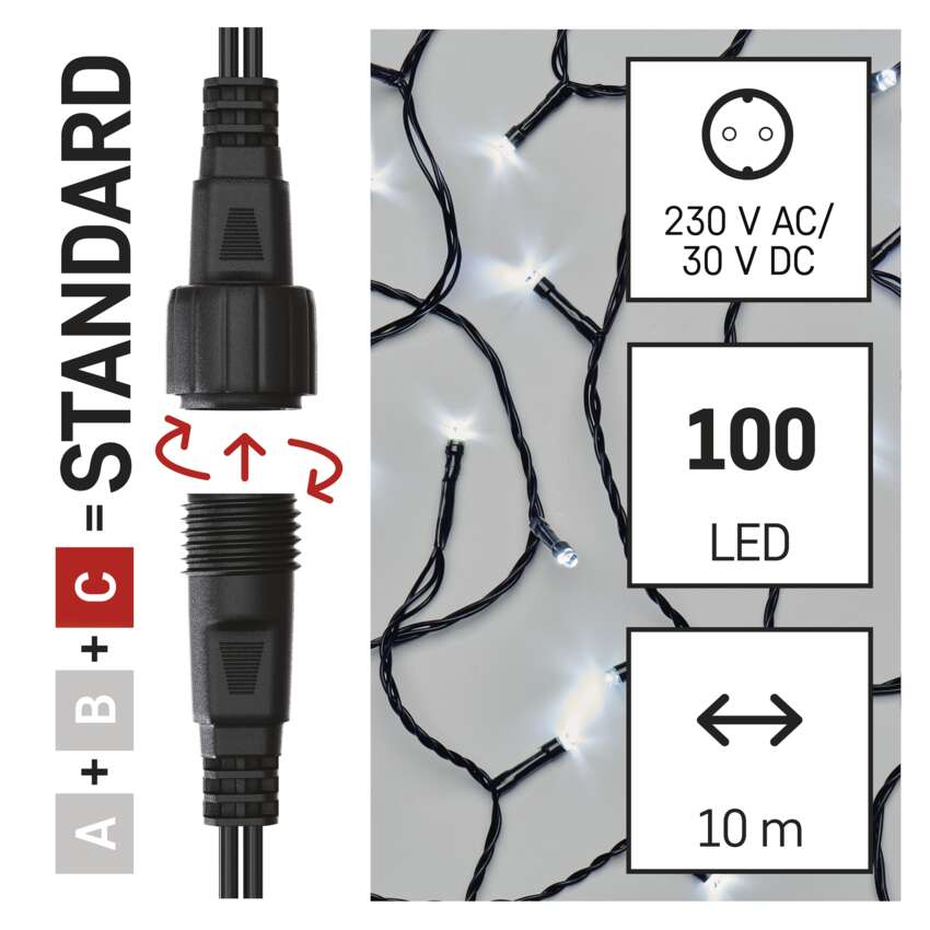 Standard LED povezovalna božična veriga, 10 m, zunanja in notranja, hladna bela
