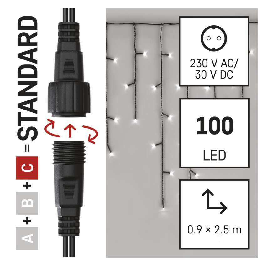 Standard LED povezovalna  božična veriga – ledene sveče, 2,5 m, zun., hl. bela
