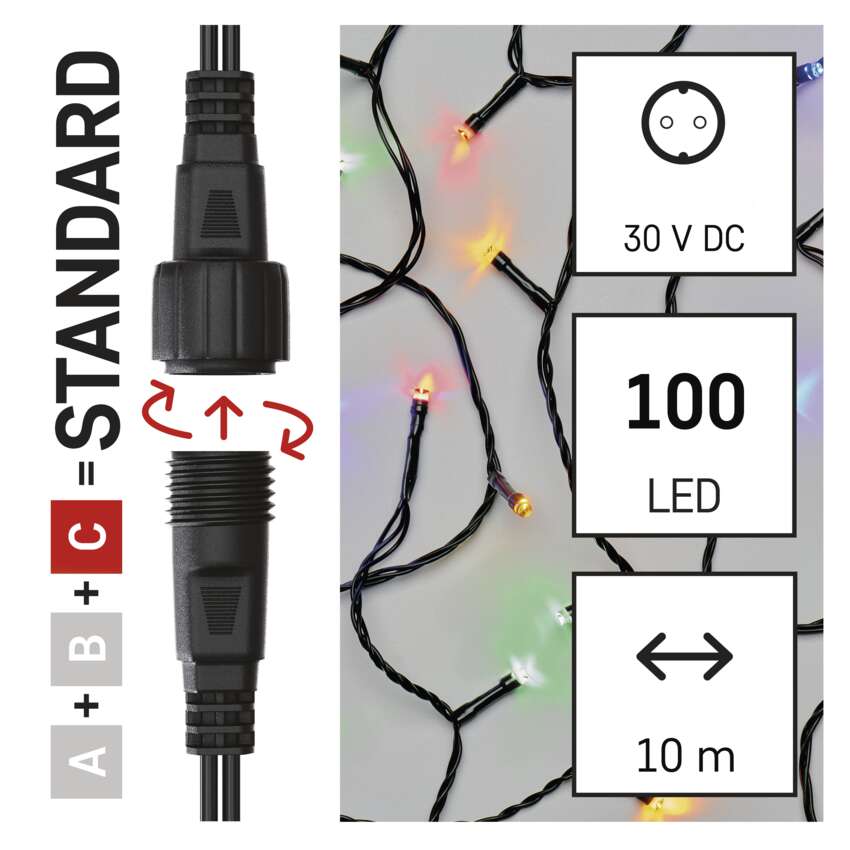 Standard LED povezovalna božična veriga, 10 m, zunanja in notranja, večbarvna