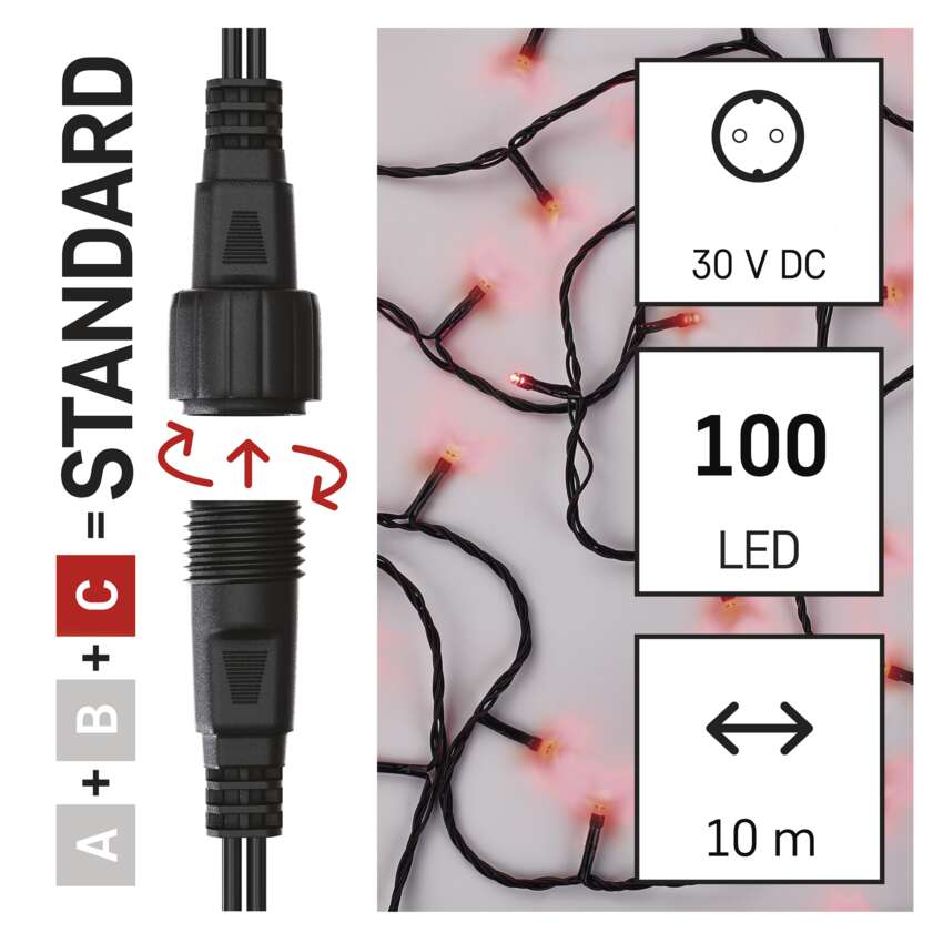 Standard LED povezovalna božična veriga, 10 m, zunanja in notranja, rdeča
