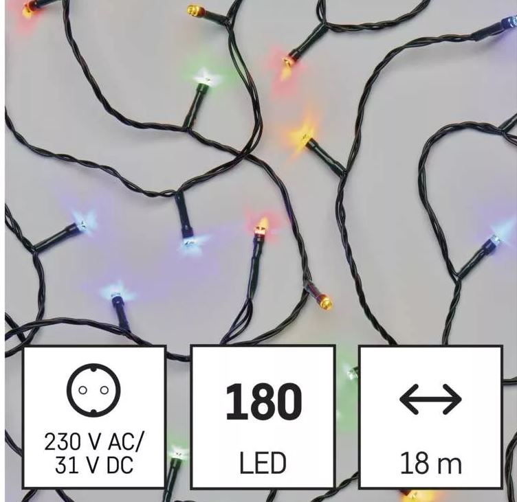 LED božična veriga, 18 m, zunanja in notranja, večbarvna, časovnik