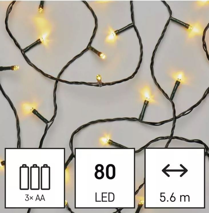 LED božična veriga, 5,6 m, 3x AA, zunanja in notranja, topla bela, časovnik