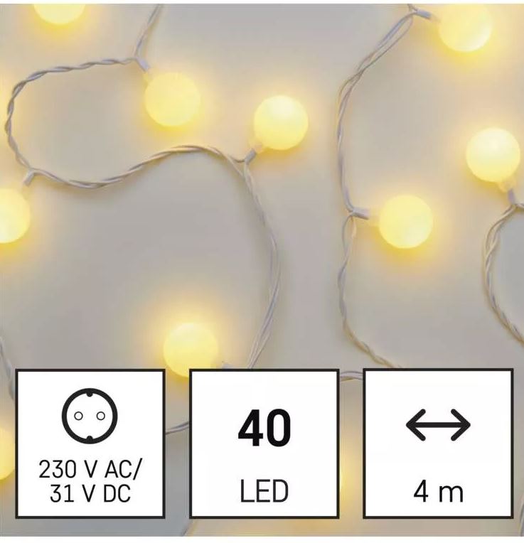 LED svetlobna cherry veriga – kroglice 2,5 cm, 4 m, zun. in notr., topla bela, časovnik