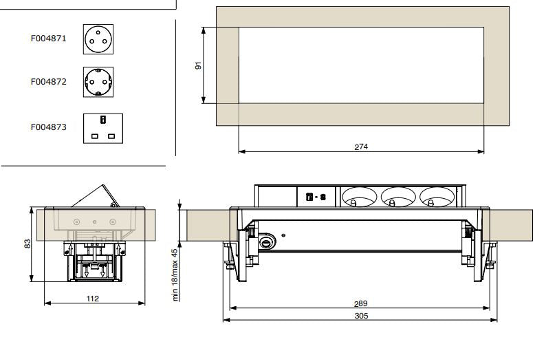 Vgradna vtičnica Riex 3x Schuko 1x USB A 1x USB C (hitro polnjenje)  + 2m Kabel  ED15