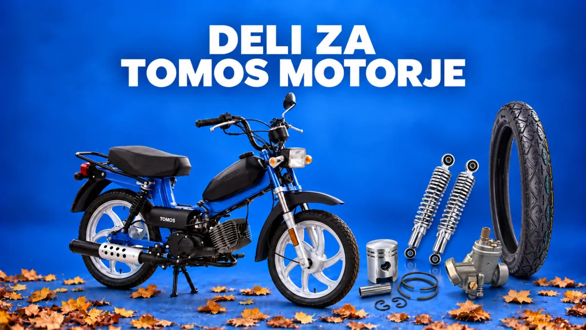 Tomos APN6, bat z obročki, par amortizerjev, uplinjač in pnevmatika na modrem ozadju